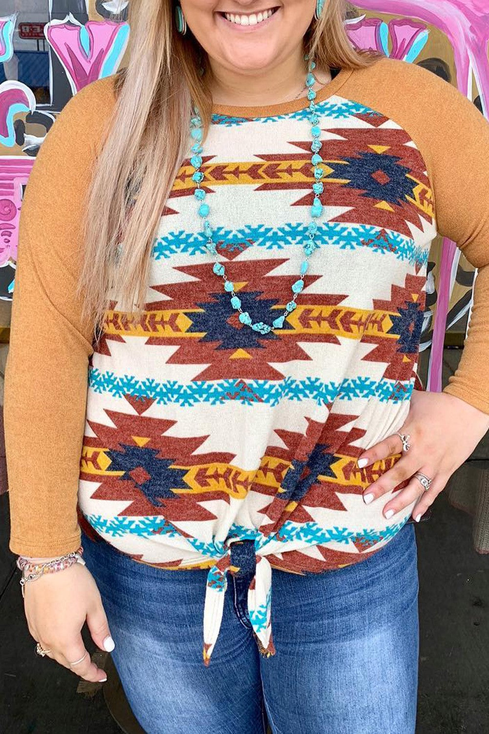 Orange Aztec Print Raglan Long Sleeve Plus Size Top