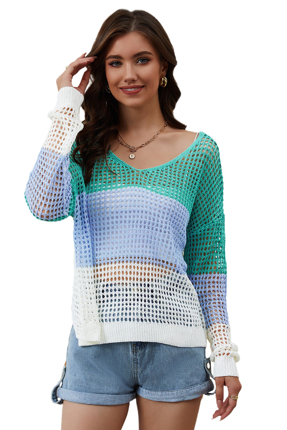 Multicolor Color Block Eyelet Long Sleeve Twisted Back Knit Top