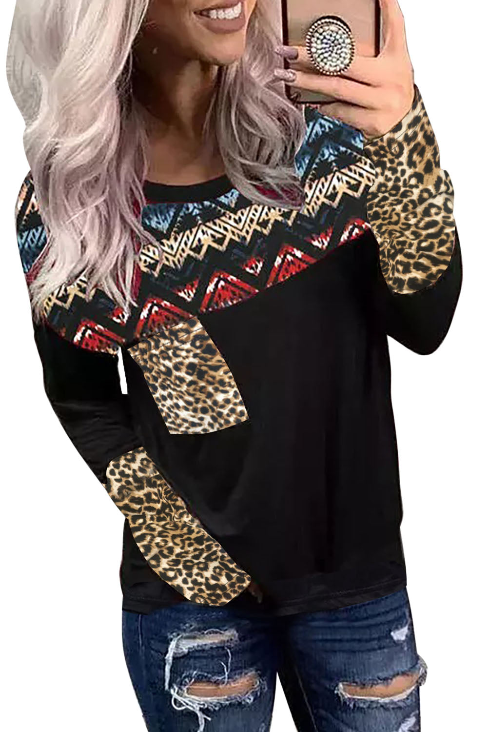 Geometric Splicing Pocket Long Sleeve Shirt
