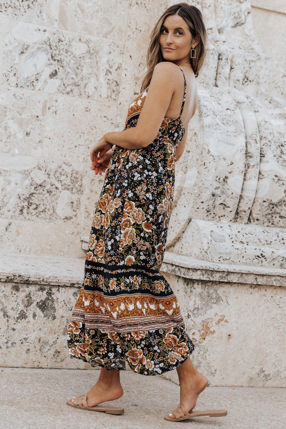 Retro Boho Floral Tassel Tie Maxi Dress