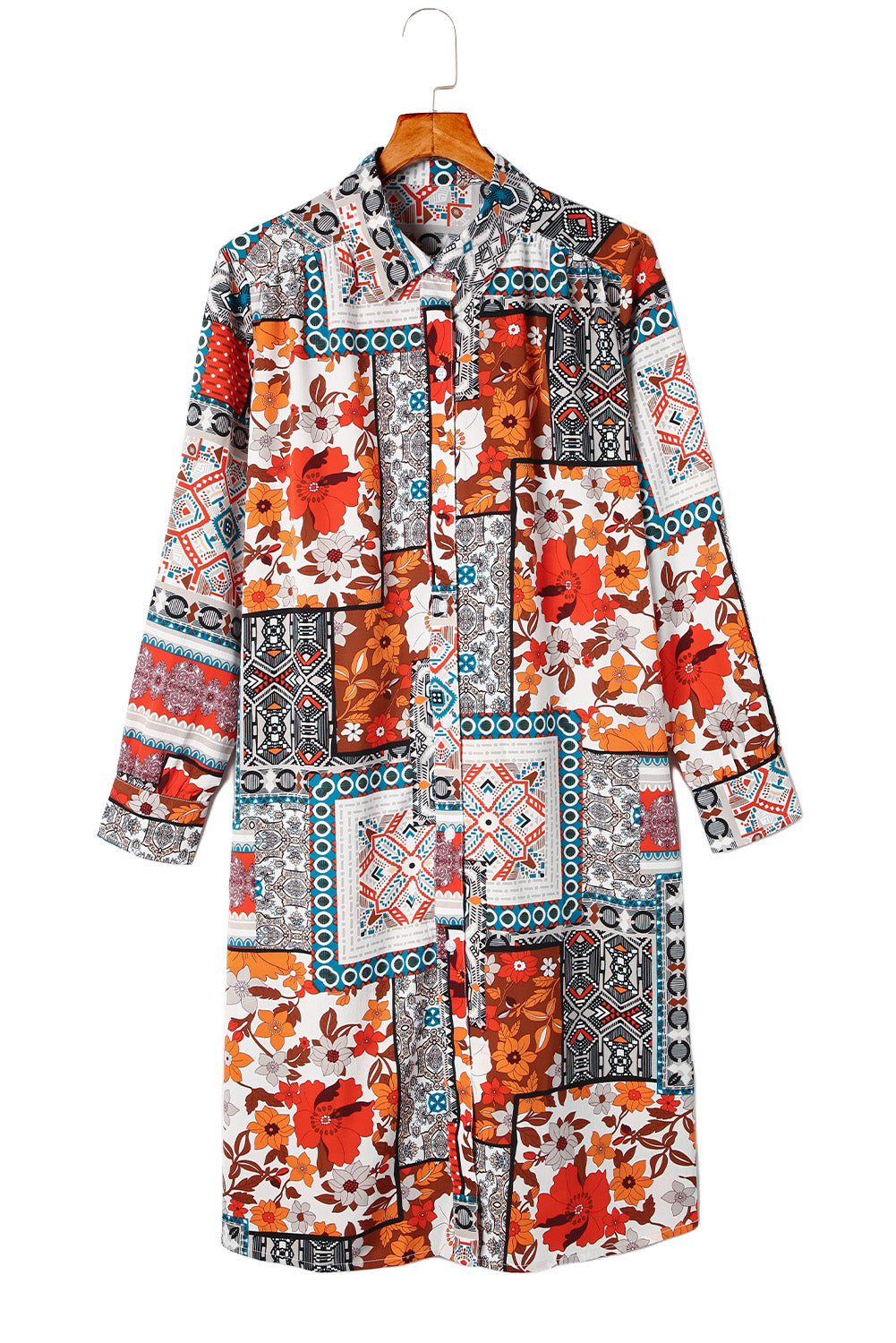 Multicolor Boho Patchwork Print Flowy Long Sleeve Kimono