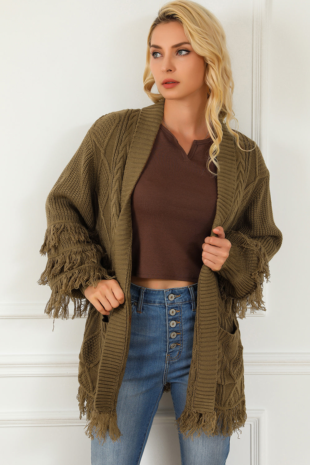 Fringe Trim Cable Knit Open Cardigan