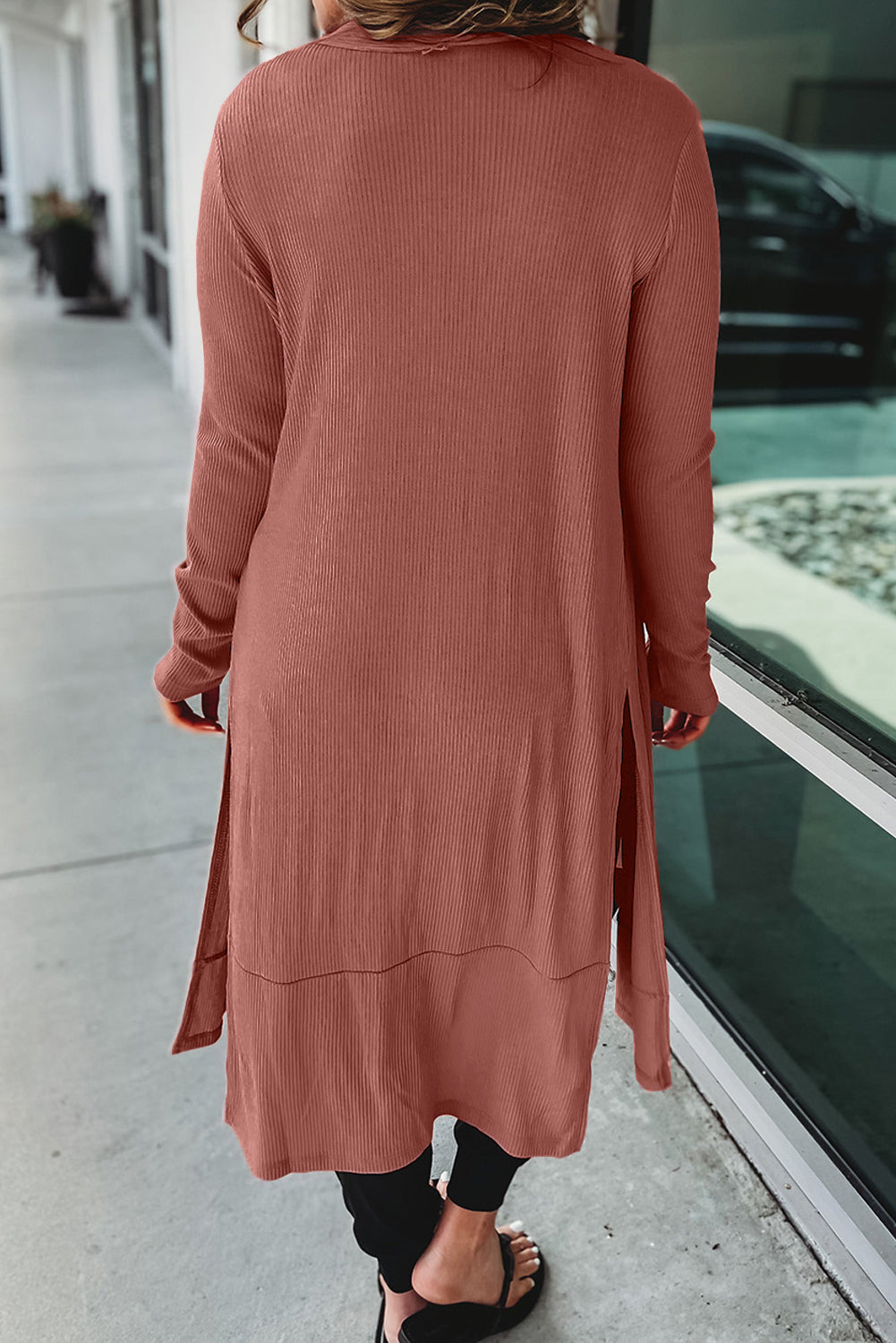 Light French Beige Ribbed Button-Up Split Duster Cardigan