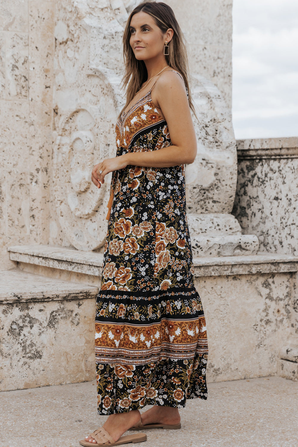 Retro Boho Floral Tassel Tie Maxi Dress