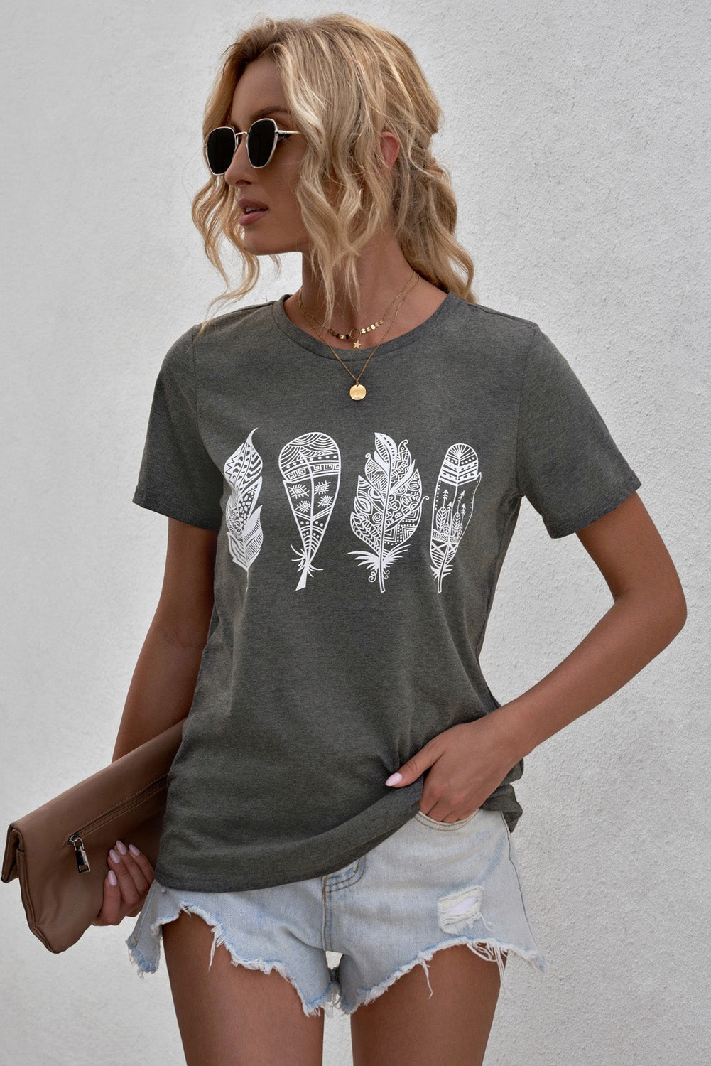 Geometric Feather O-neck T-shirt