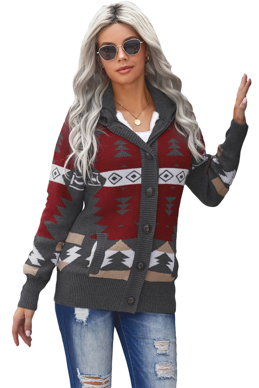 Retro Jacquard Pattern Buttoned Front Hooded Sweater