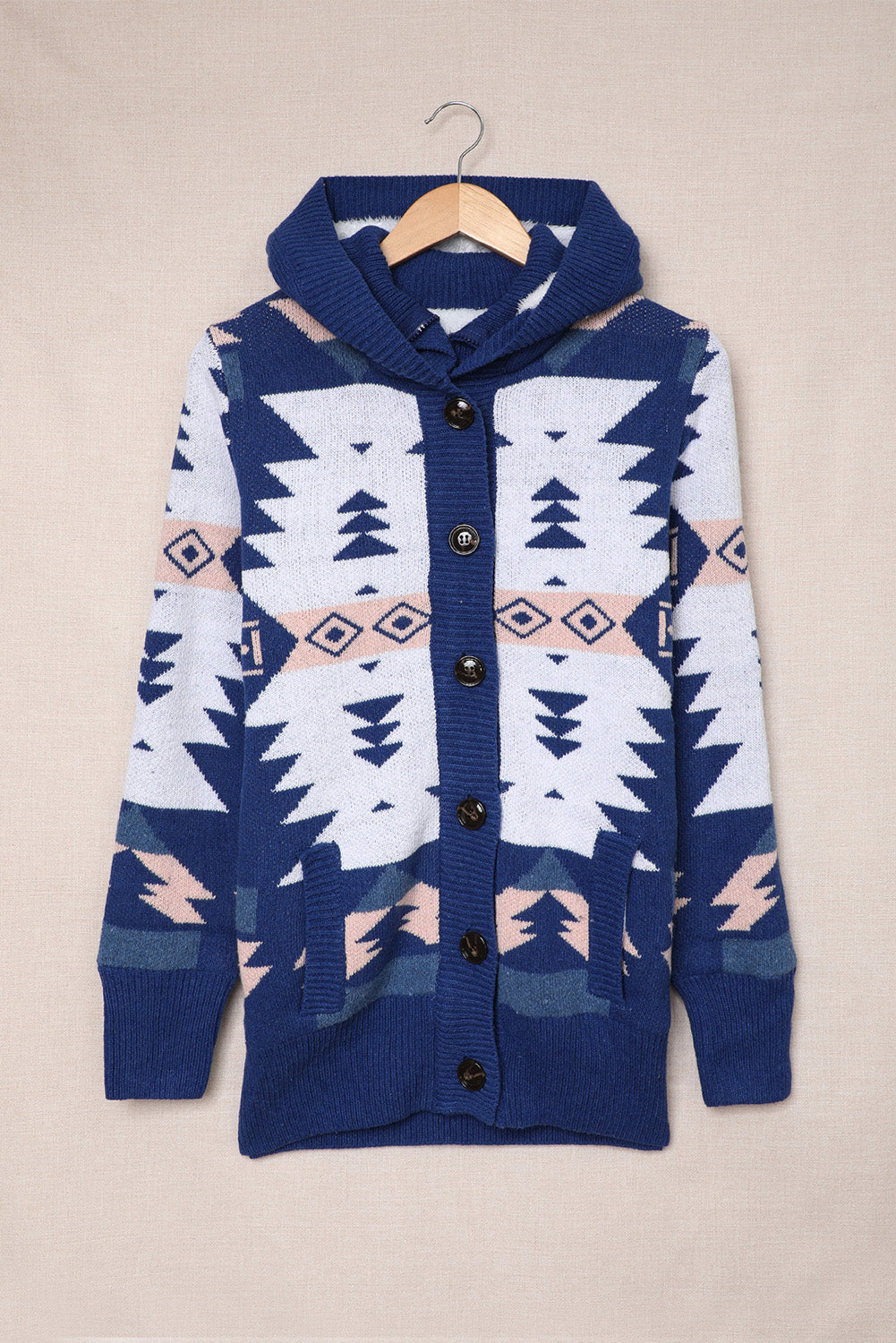 Retro Jacquard Pattern Buttoned Front Hooded Sweater