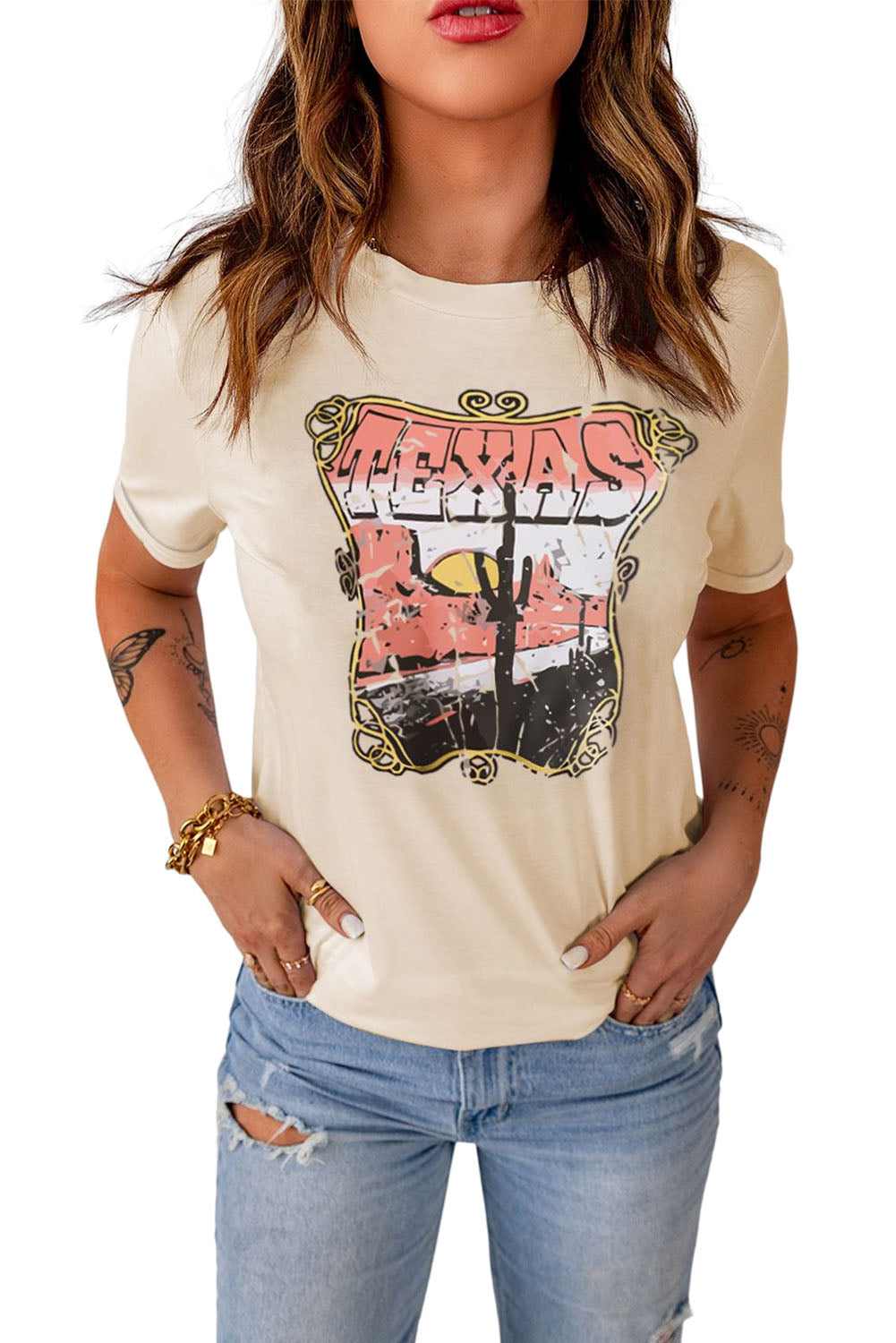 Khaki MOMLIFE Slogan Graphic Print Crew Neck T Shirt