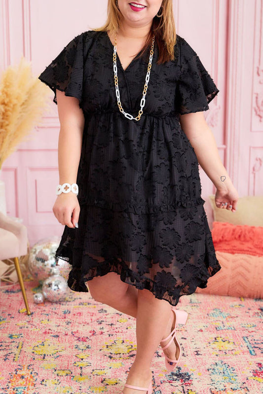 Floral Jacquard Flutter Sleeve Plus Size Mini Dress