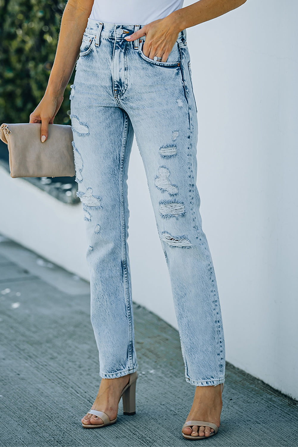 Light Wash Distressed Straight Jeans