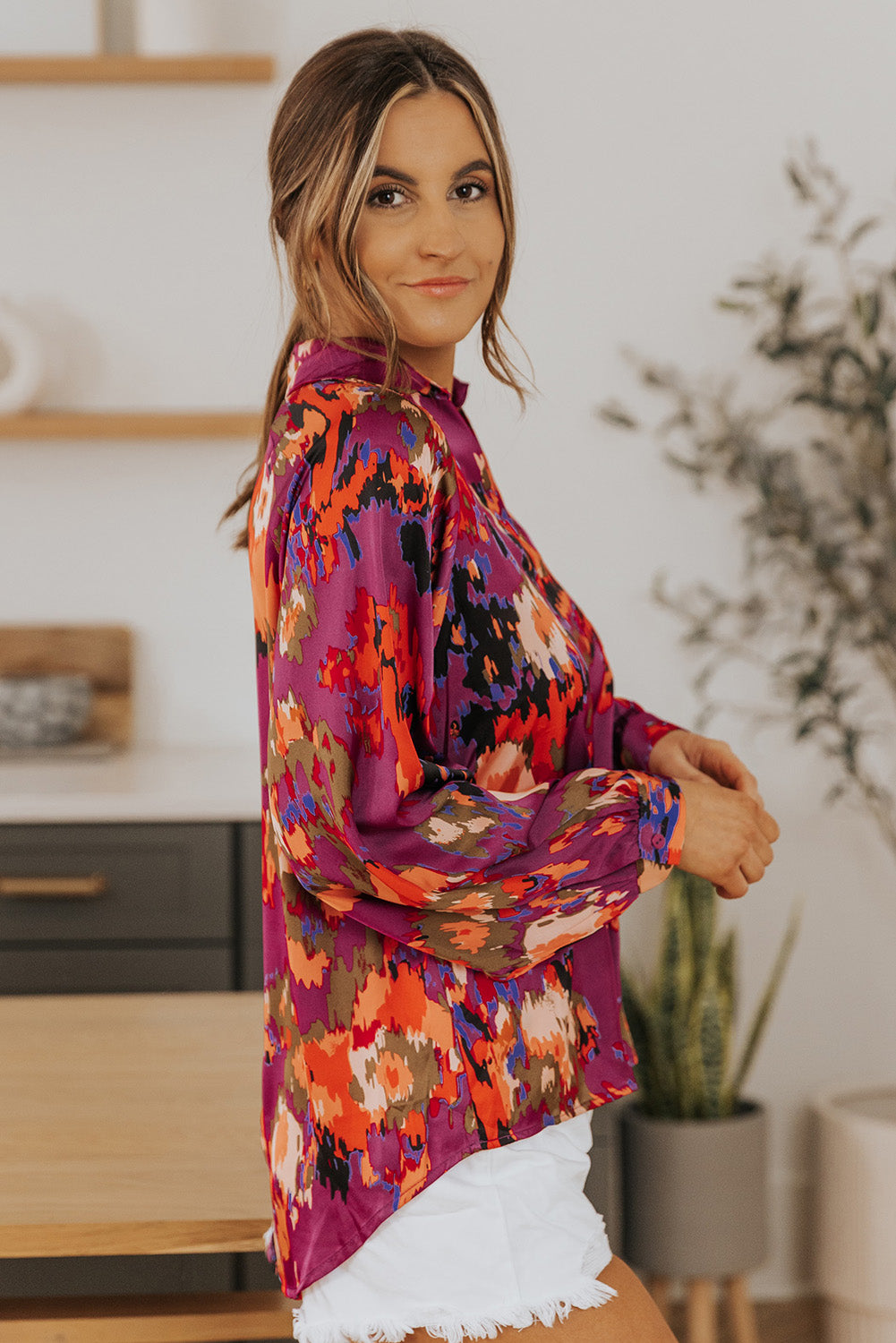 Graffiti Printed V Neck Puff Sleeve Blouse