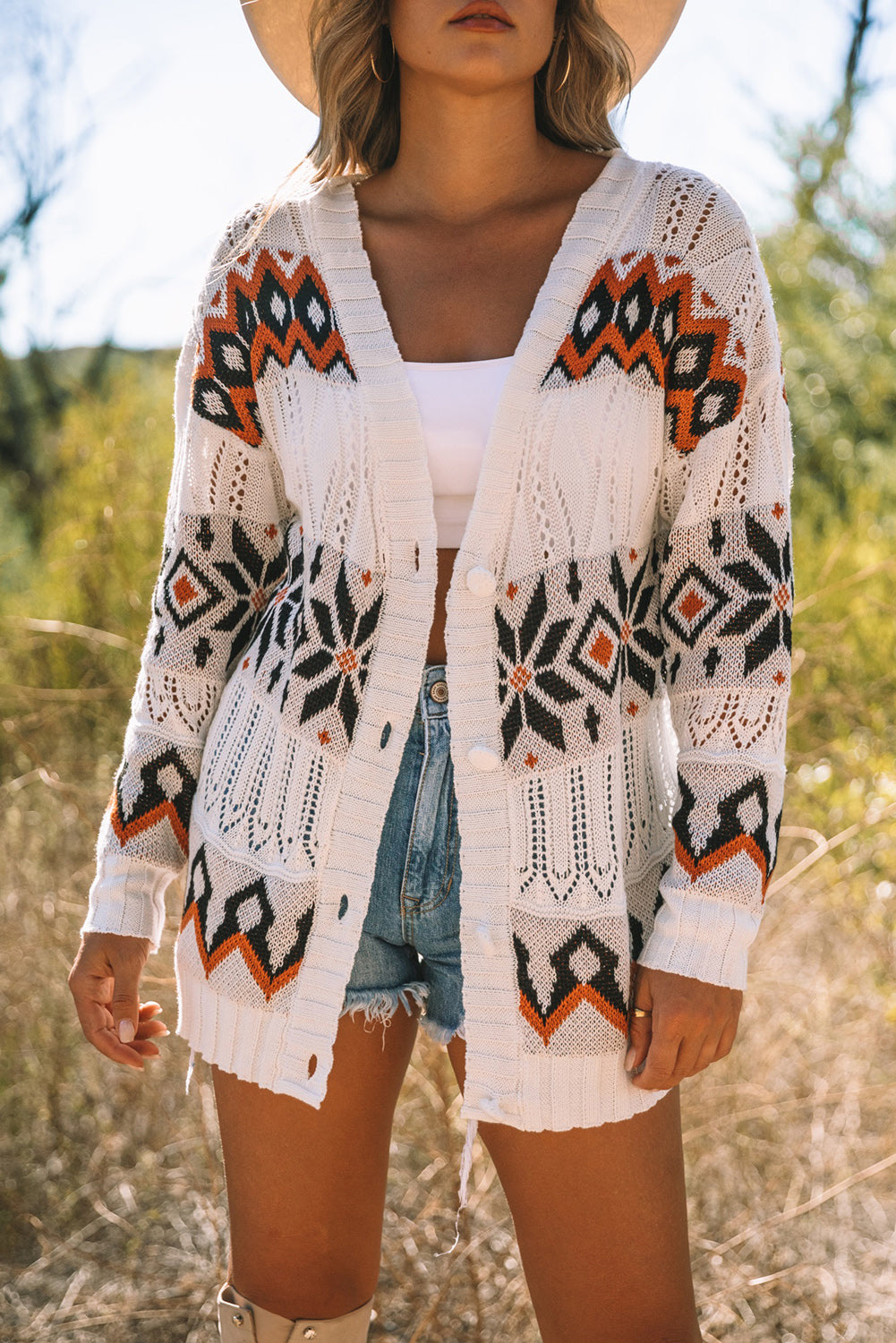 Tribal Pattern Hollowed Knit Long Cardigan