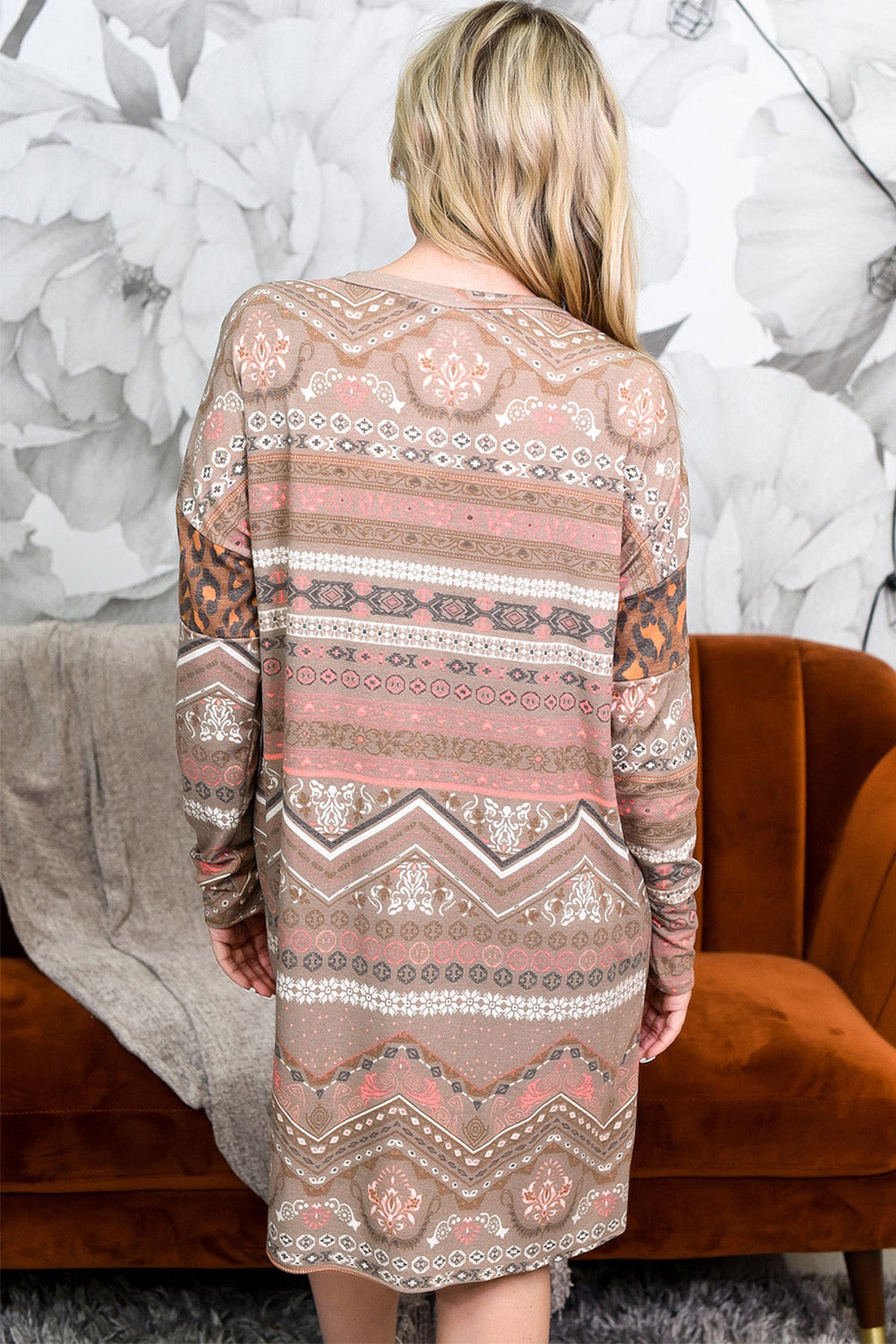 Khaki Khaki Leopard Geometric Color Block Plus Size Mini Dress