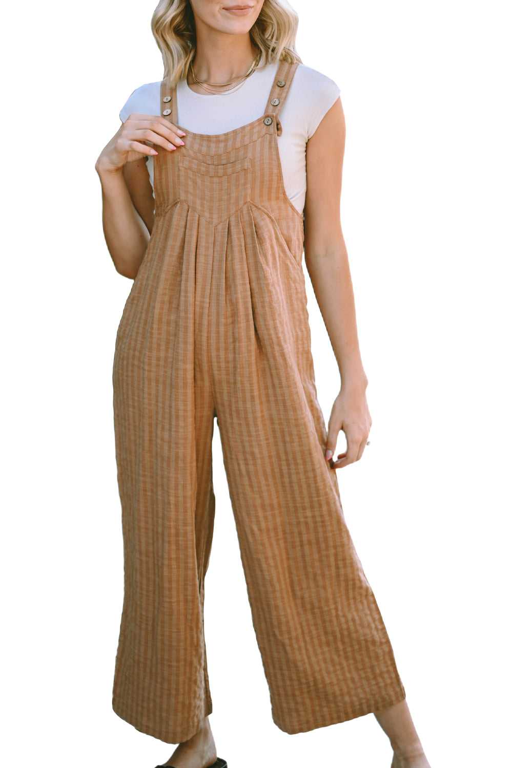 Chicory Coffee Striped Pleated Wide Leg Pocketed Jumpsuit