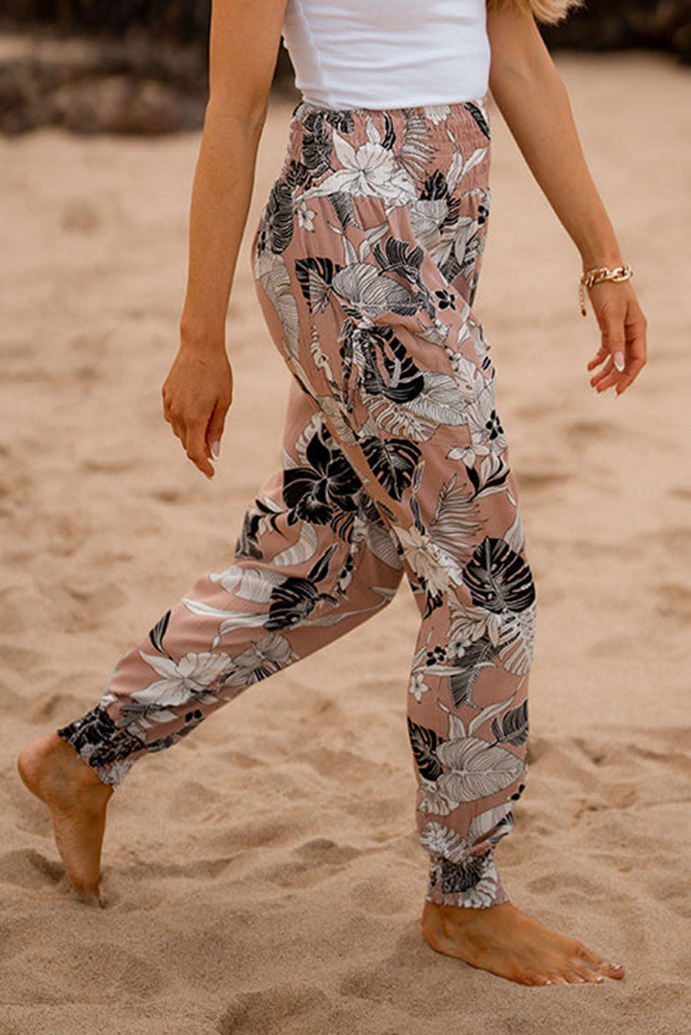 Multicolor Boho Smocked Waist Floral Print Jogger Casual Pants