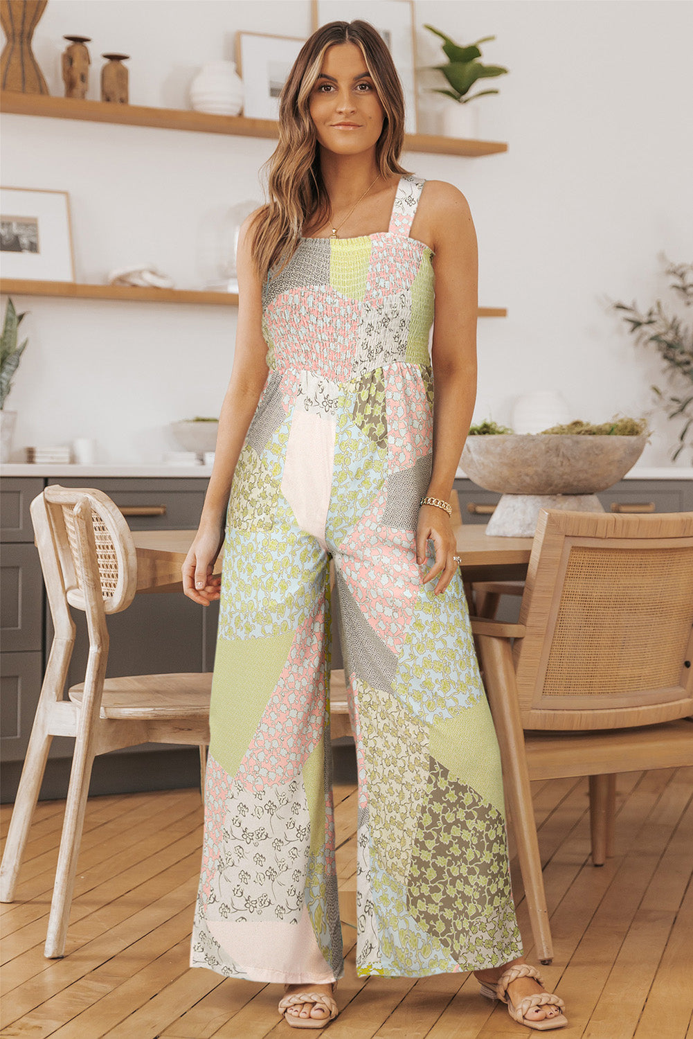 Multicolor Irregular Patchwork Print Smocked Wide Leg Jumpsuit