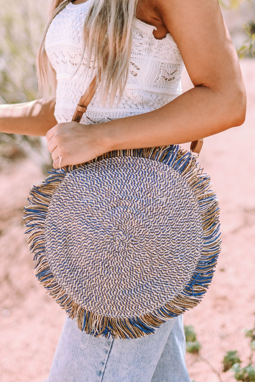 Retro Straw Woven Fringed Round Shoulder Bag