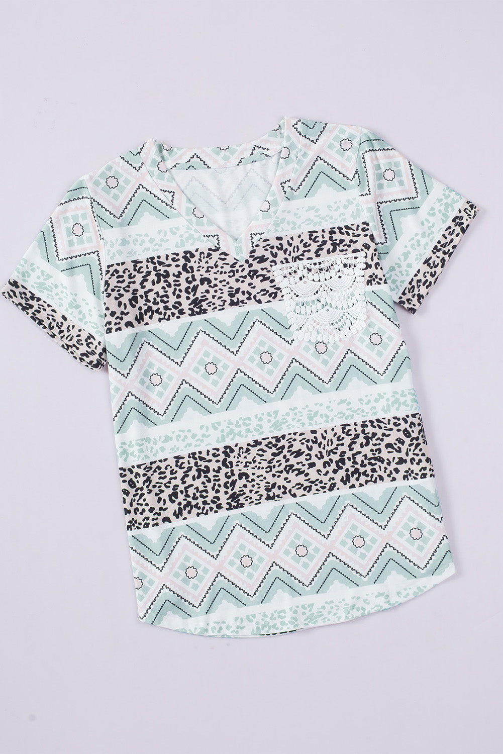 Printed V-Neck Lace Pocket Tee