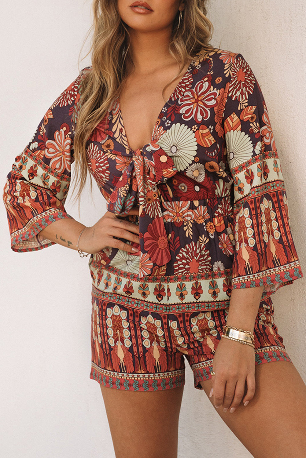 Vintage Printed 3/4 Sleeves V Neck Romper
