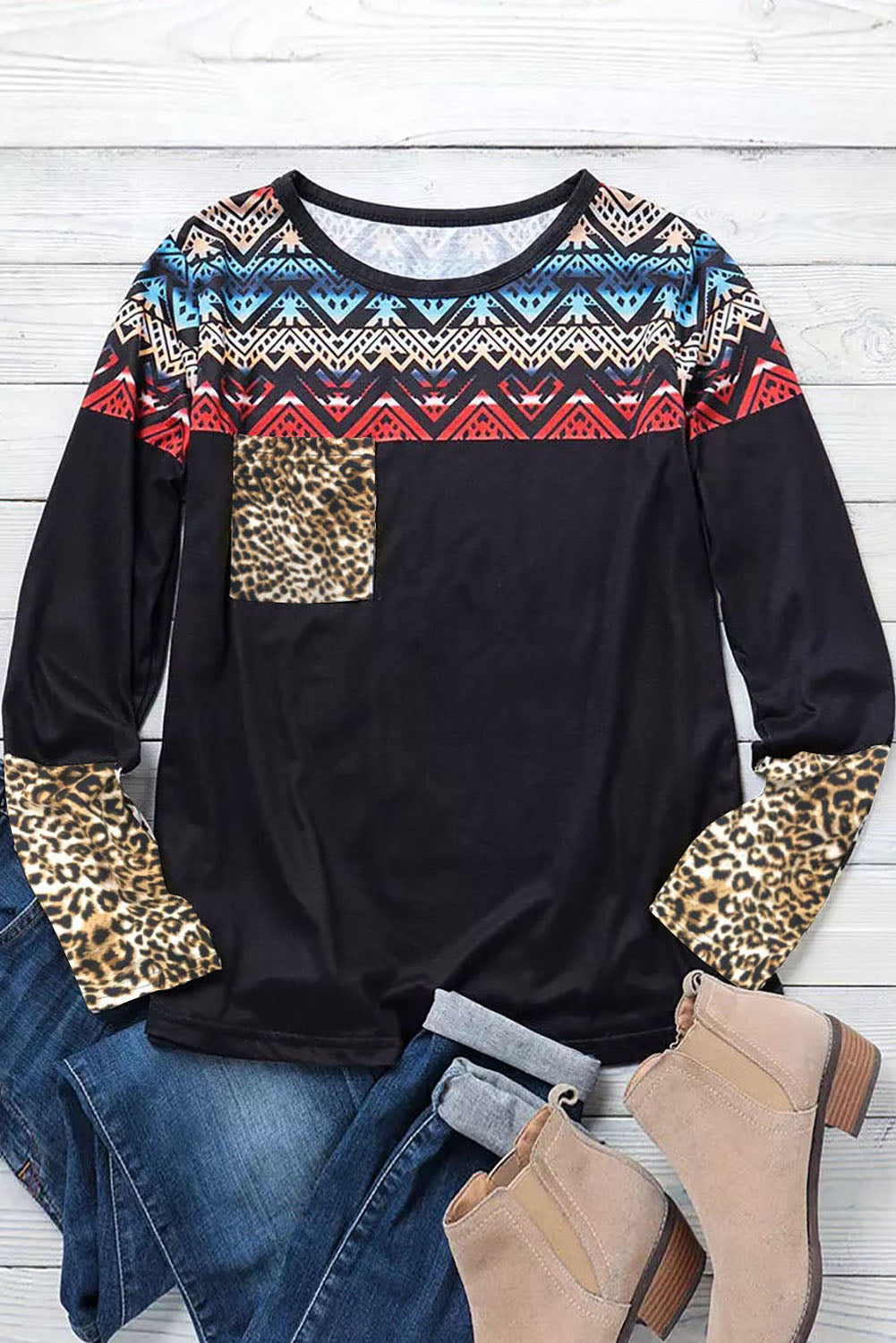 Geometric Splicing Pocket Long Sleeve Shirt