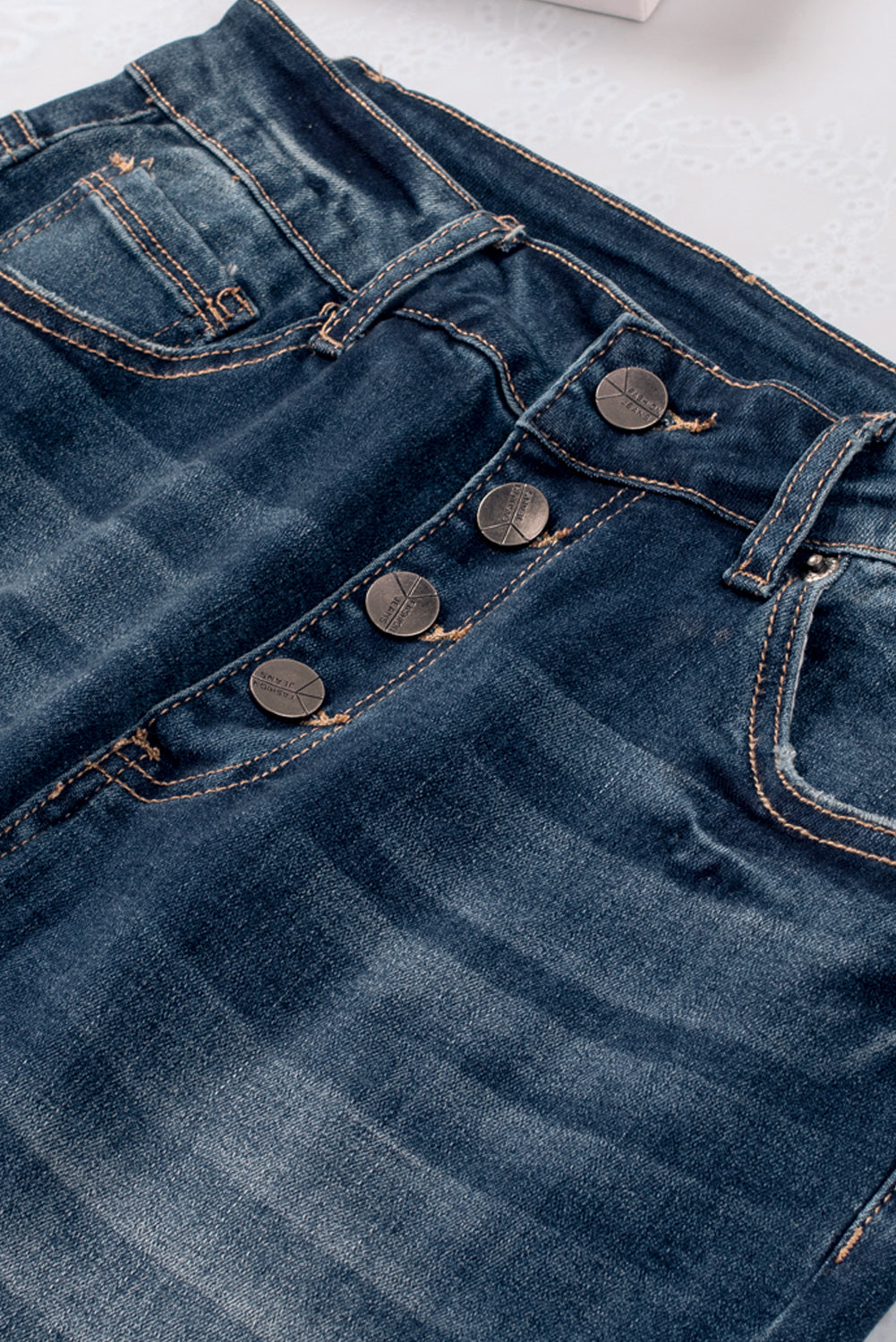 Button Fly High Waist Ripped Skinny Fit Ankle Jeans