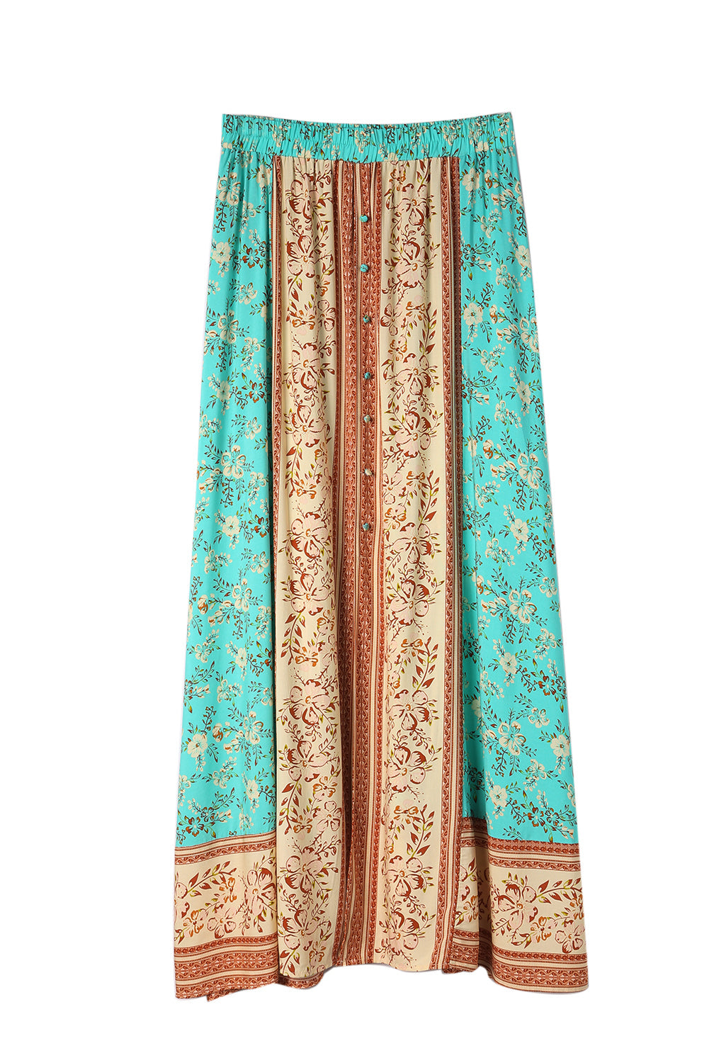 Boho Contrast Color Floral Print Button Slit Maxi Skirt