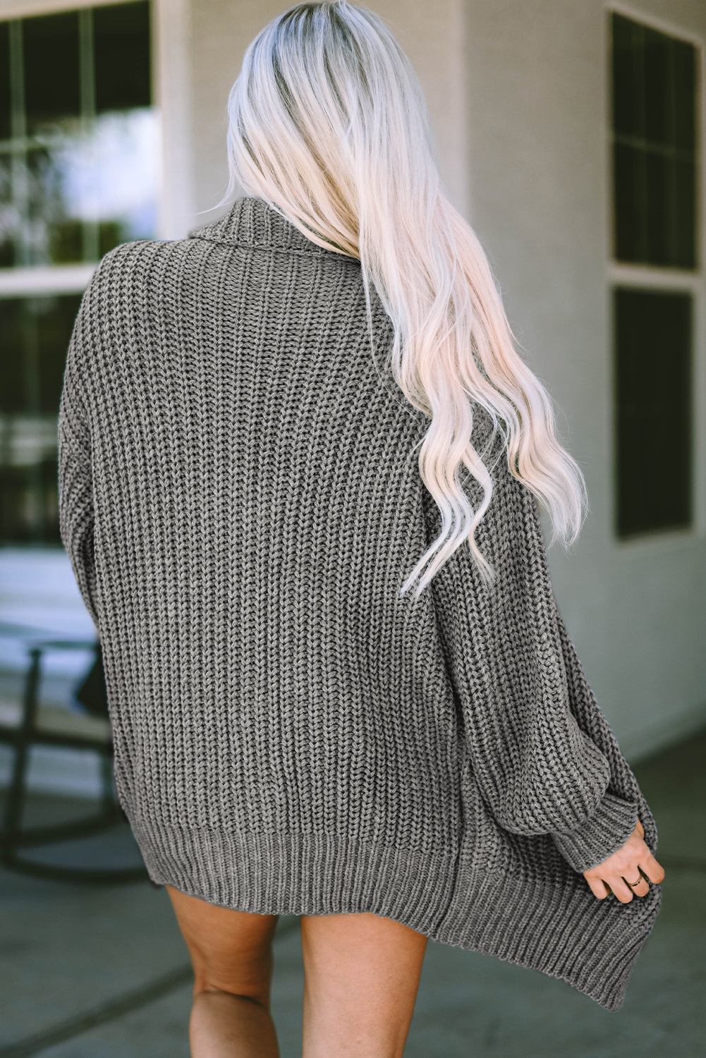 Gray Oversized Turndown Collar Pocketed Cardigan
