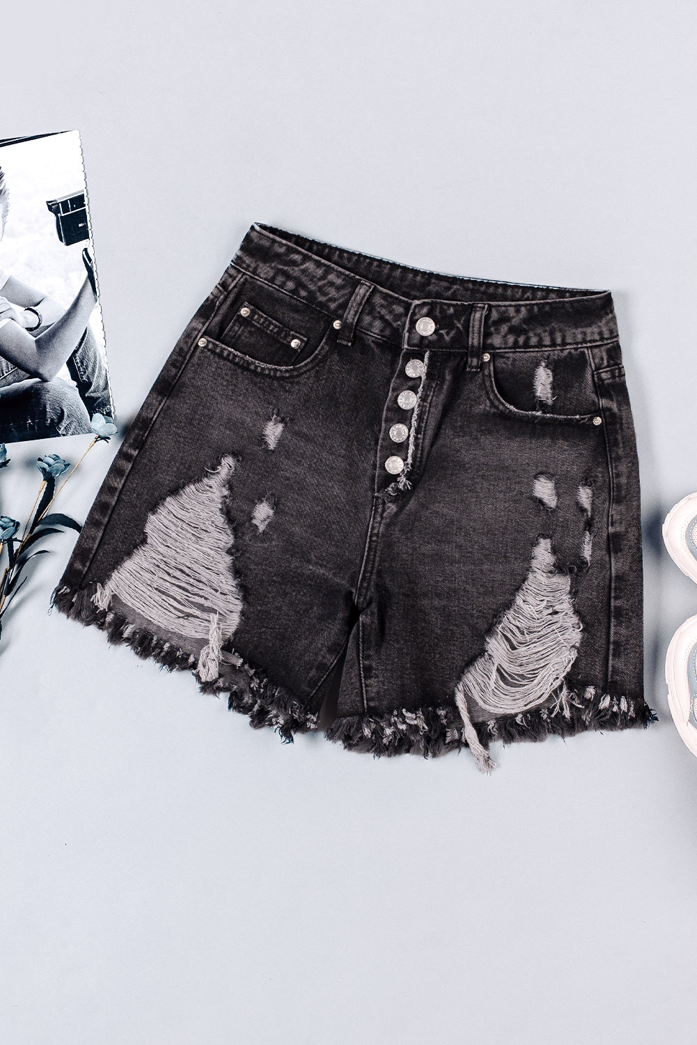 Button Fly Distressed High Waist Denim Shorts
