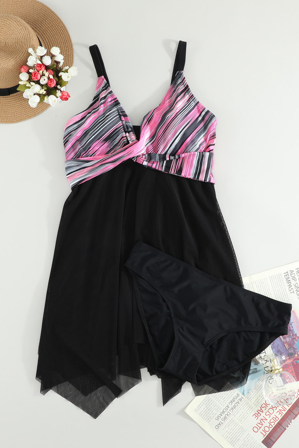 Retro Polka Dot Print Handkerchief Hem Tankini Set