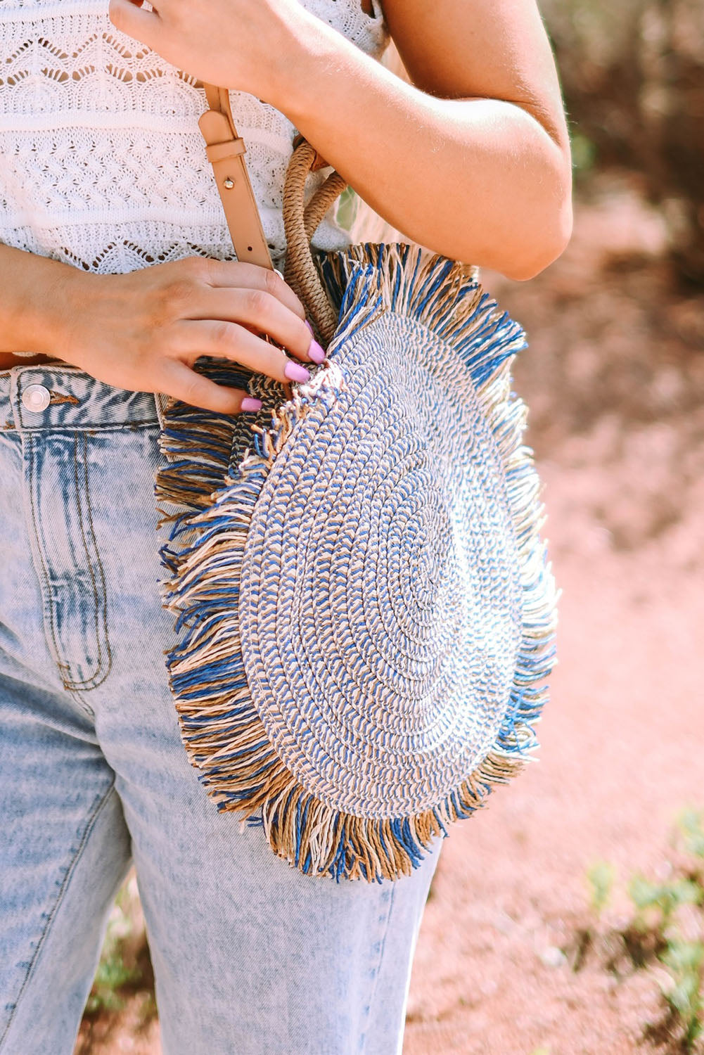 Retro Straw Woven Fringed Round Shoulder Bag