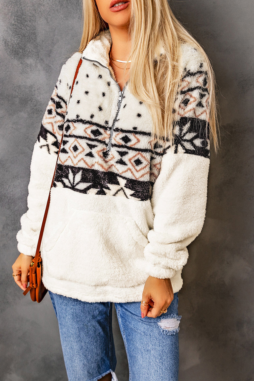 Charcoal White Zip Neck Oversize Fluffy Fleece Pullover