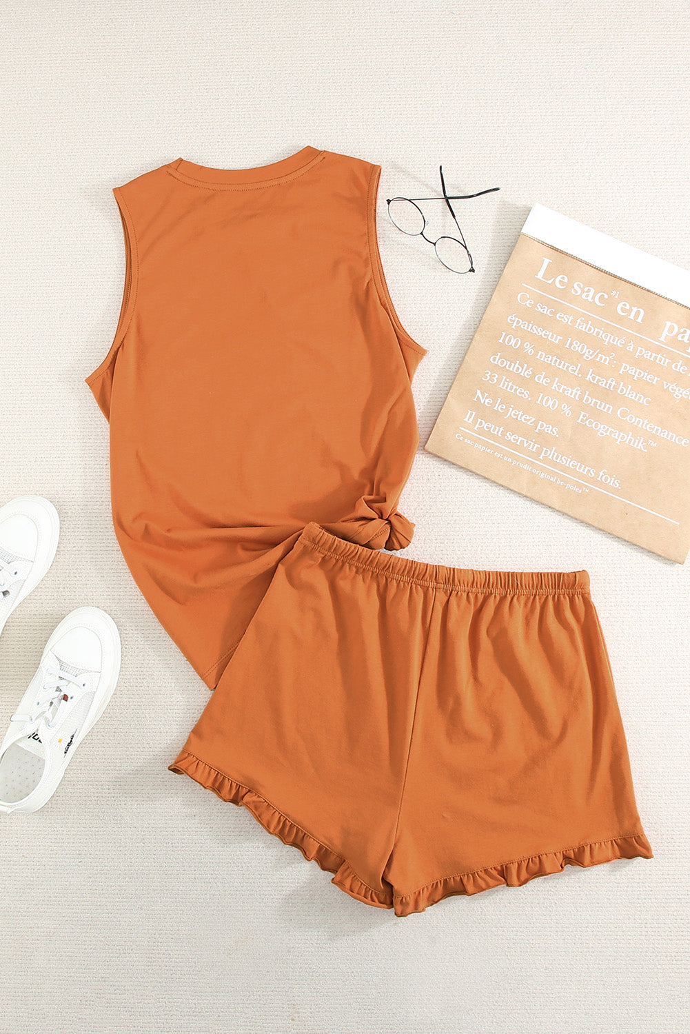 Crew Neck Tank and Drawstring Ruffled Shorts Lounge Set