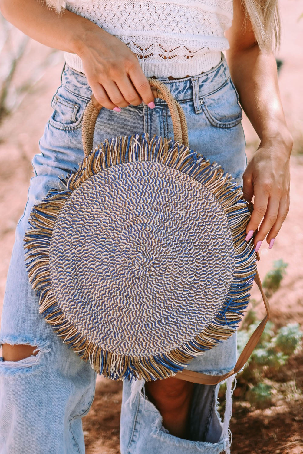 Retro Straw Woven Fringed Round Shoulder Bag