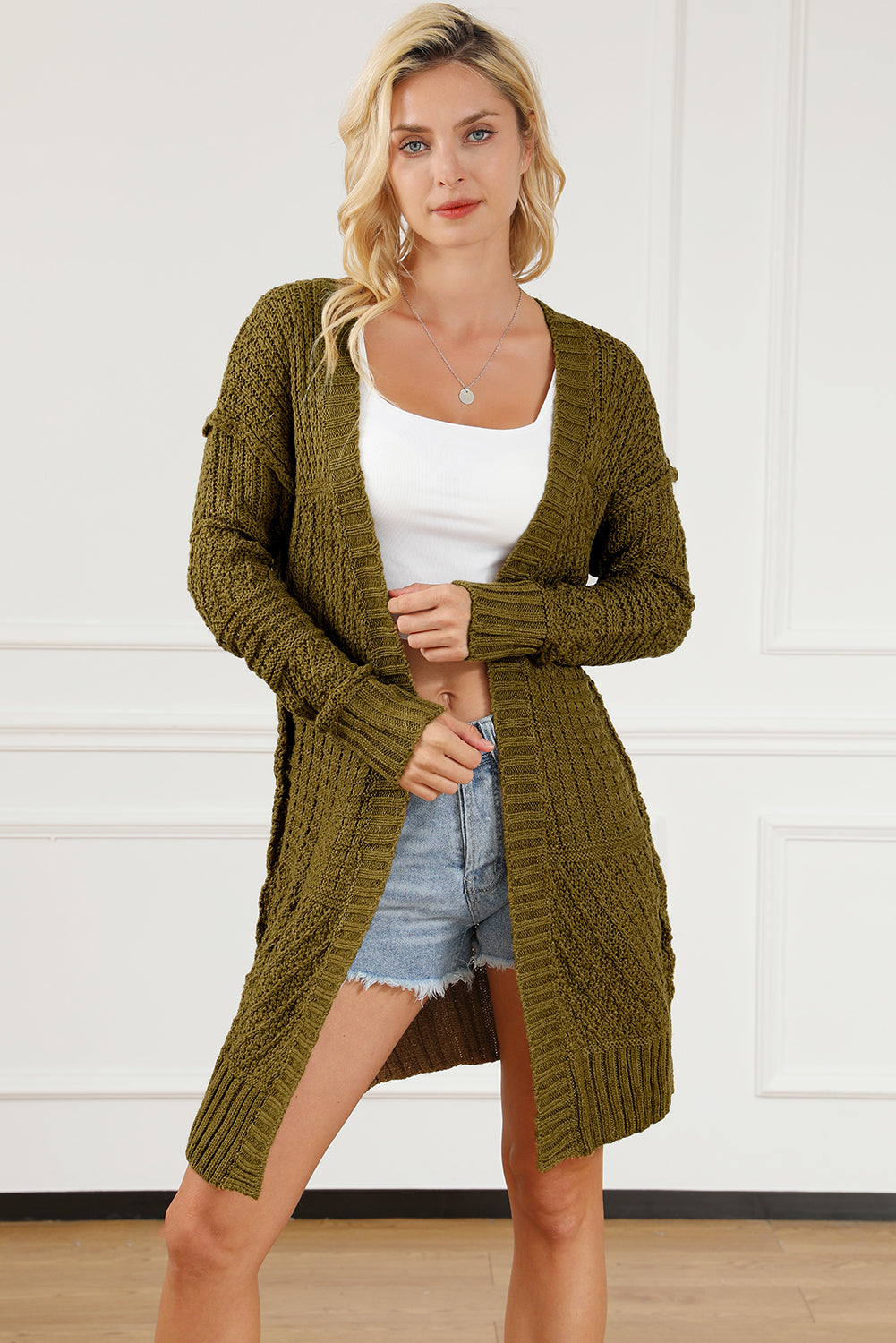 Green Exposed Seam Mixed Knit Drop Shoulder Cardigan