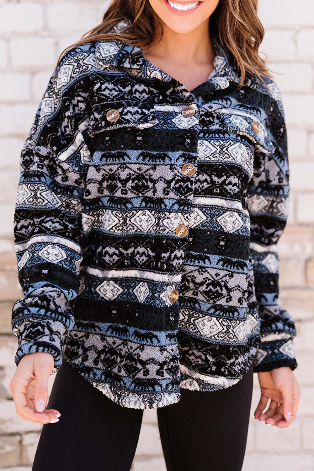 Tribal Print Pocket Buttoned Sherpa Jacket
