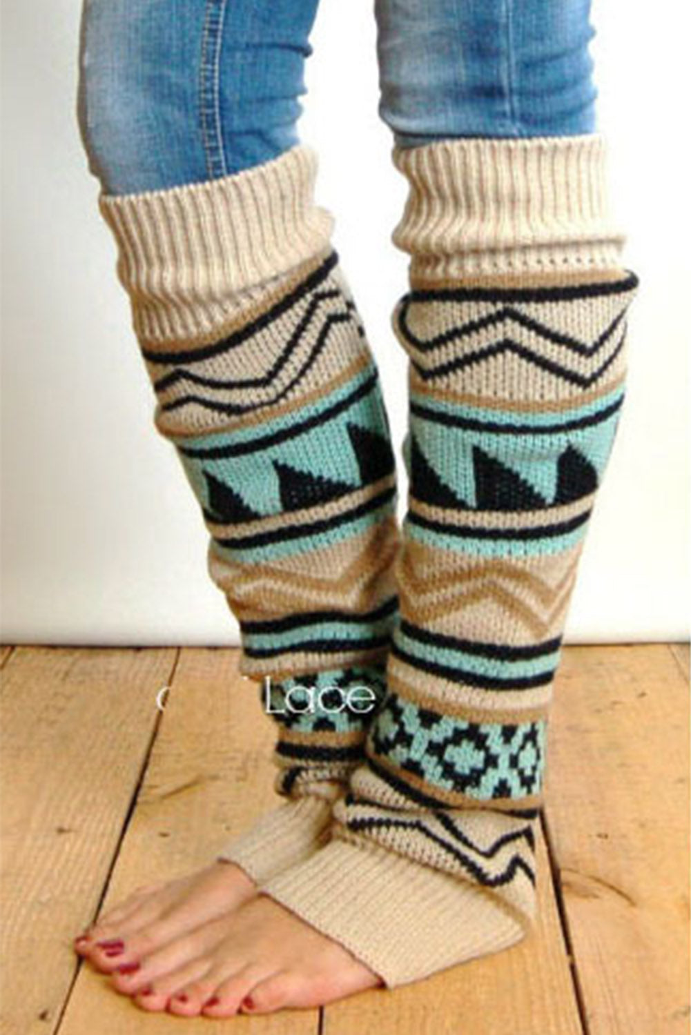 Beige Boho Aztec Print Knitted Leg Warmer