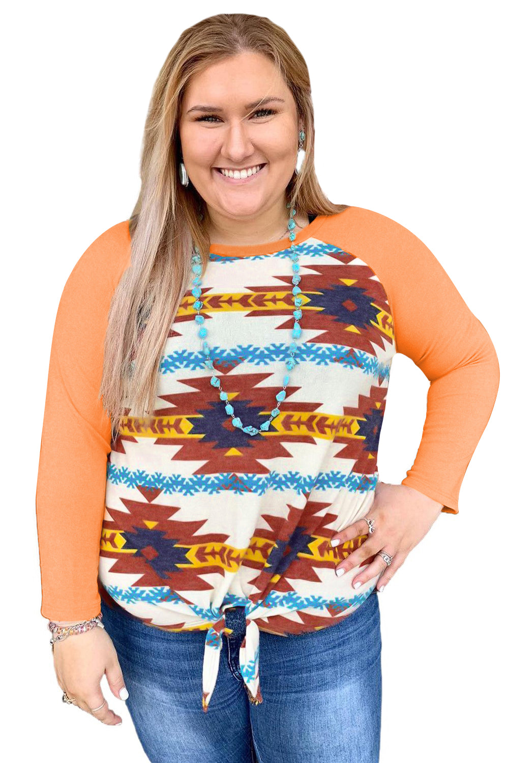 Orange Aztec Print Raglan Long Sleeve Plus Size Top