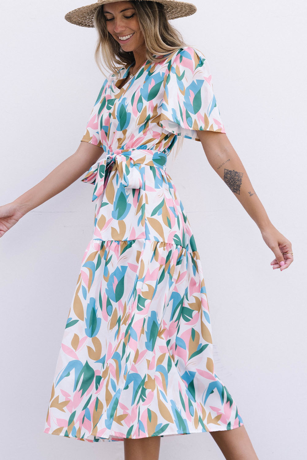Multicolor V Neck Short Sleeves Boho Tropical Print Long Dress