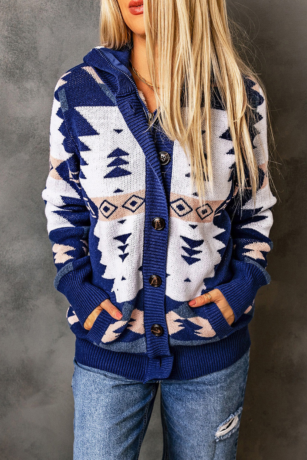 Retro Jacquard Pattern Buttoned Front Hooded Sweater
