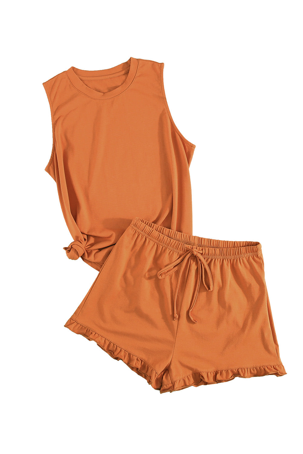 Crew Neck Tank and Drawstring Ruffled Shorts Lounge Set