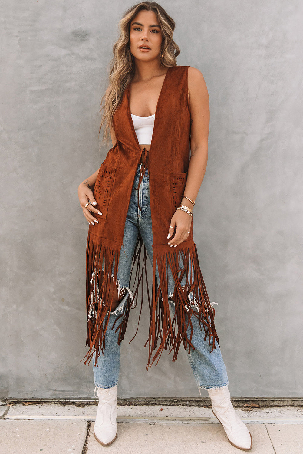 Faux Suede Cowgirl Fringed Sleeveless Long Cardigan