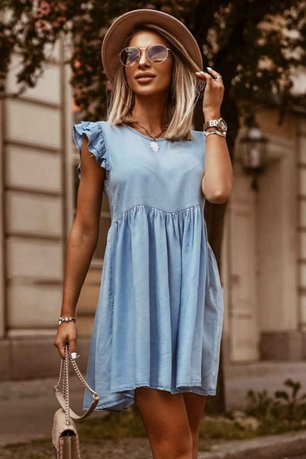 Flutter Sleeve Ruched Denim Casual Dress