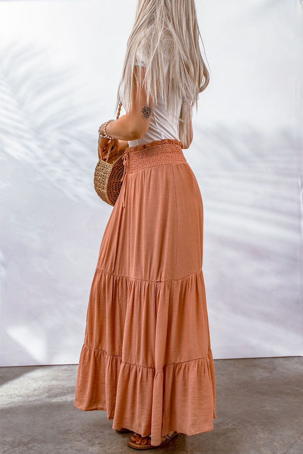 Tie Smocking High Waist Tiered Maxi Skirt