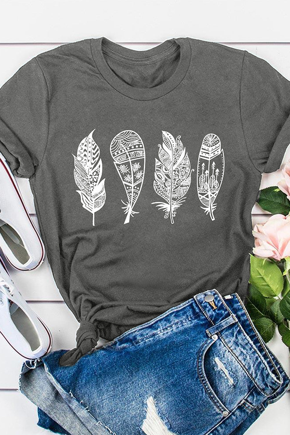 Geometric Feather O-neck T-shirt