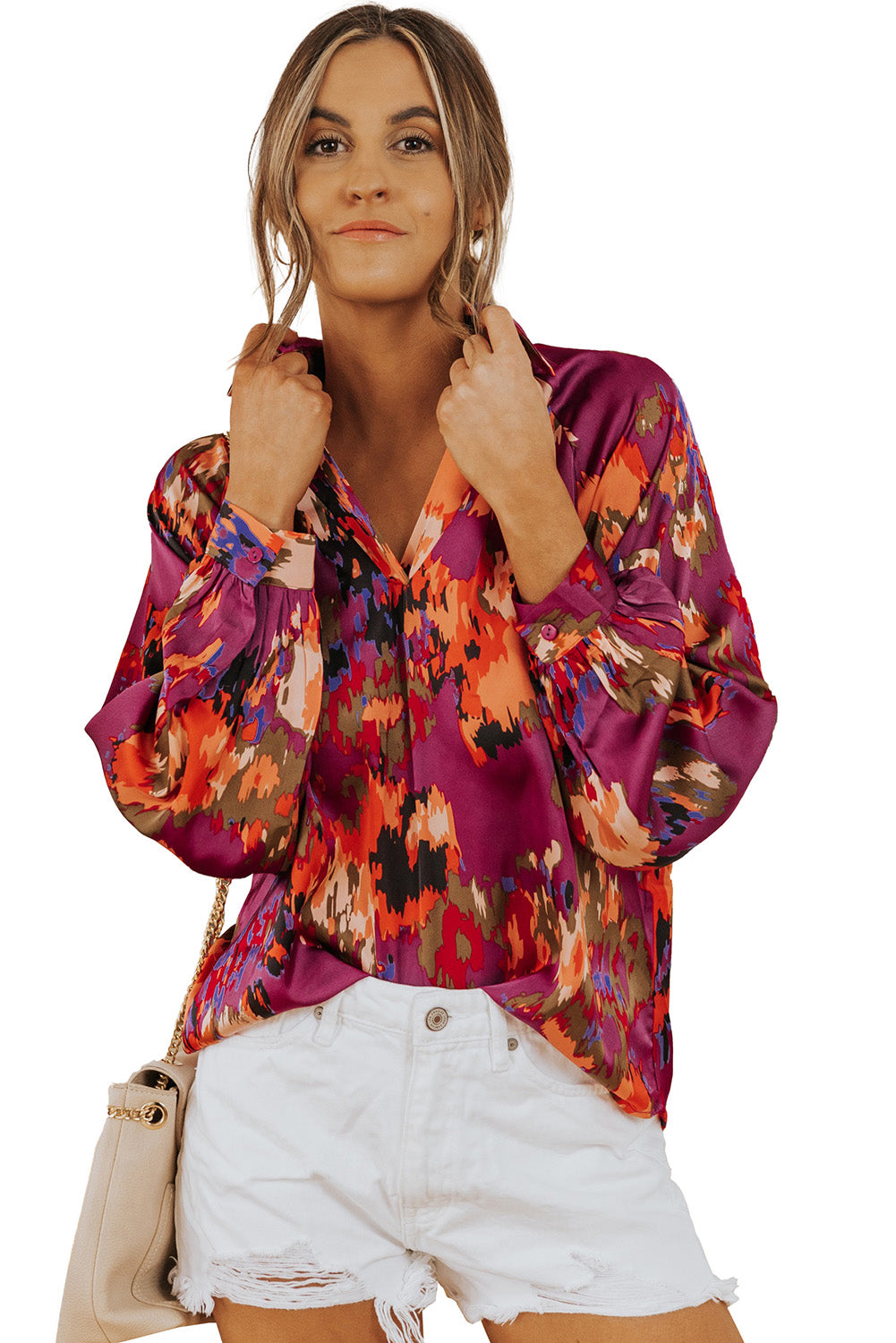 Graffiti Printed V Neck Puff Sleeve Blouse