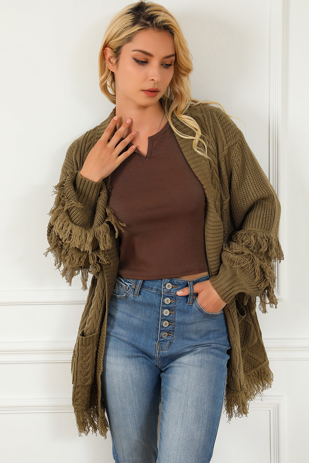 Fringe Trim Cable Knit Open Cardigan