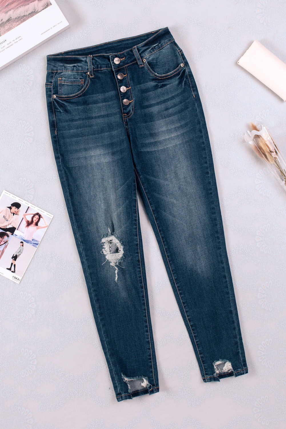 Button Fly High Waist Ripped Skinny Fit Ankle Jeans