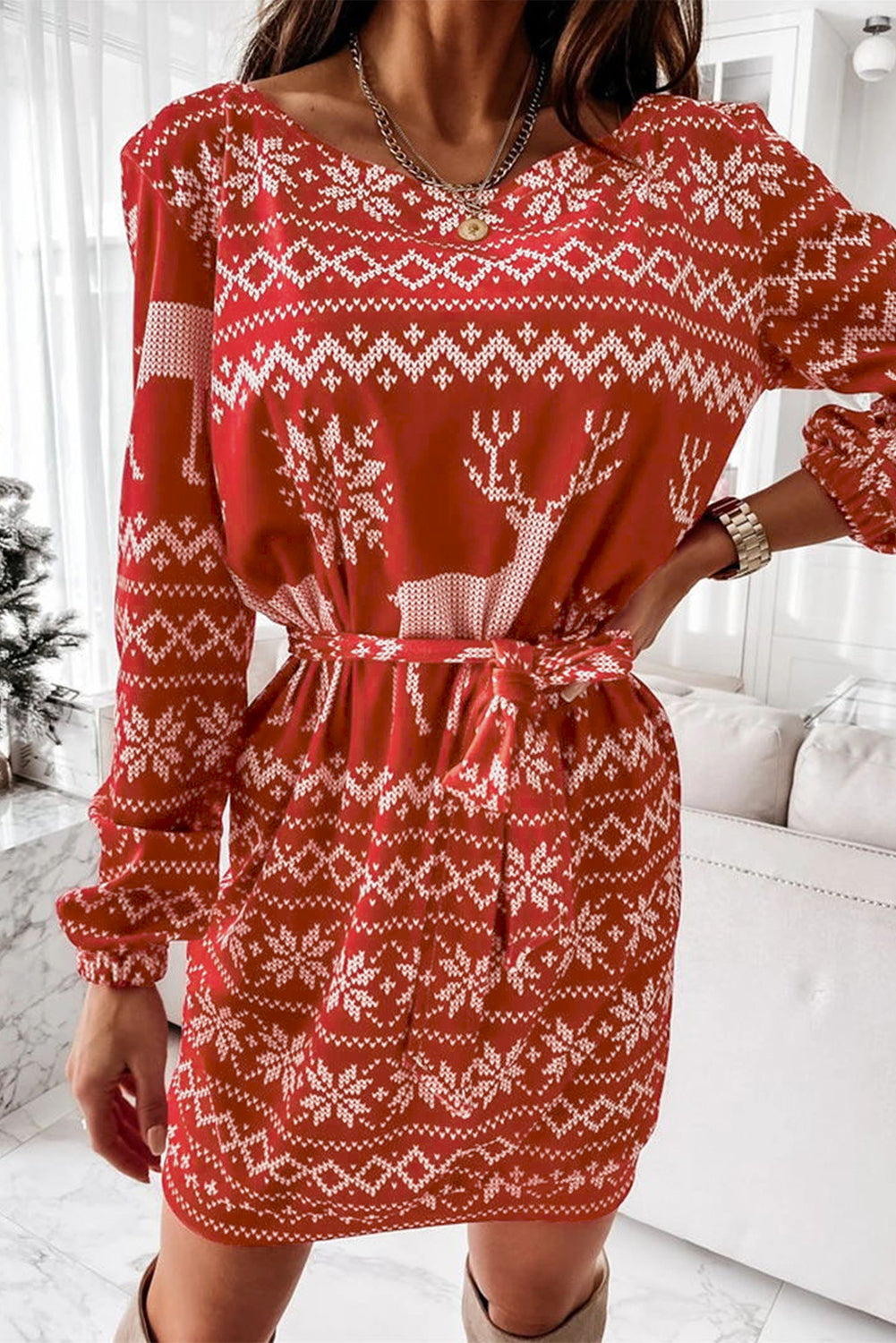 White/Red Christmas Pattern Print Lace-up Long Sleeve Mini Dress