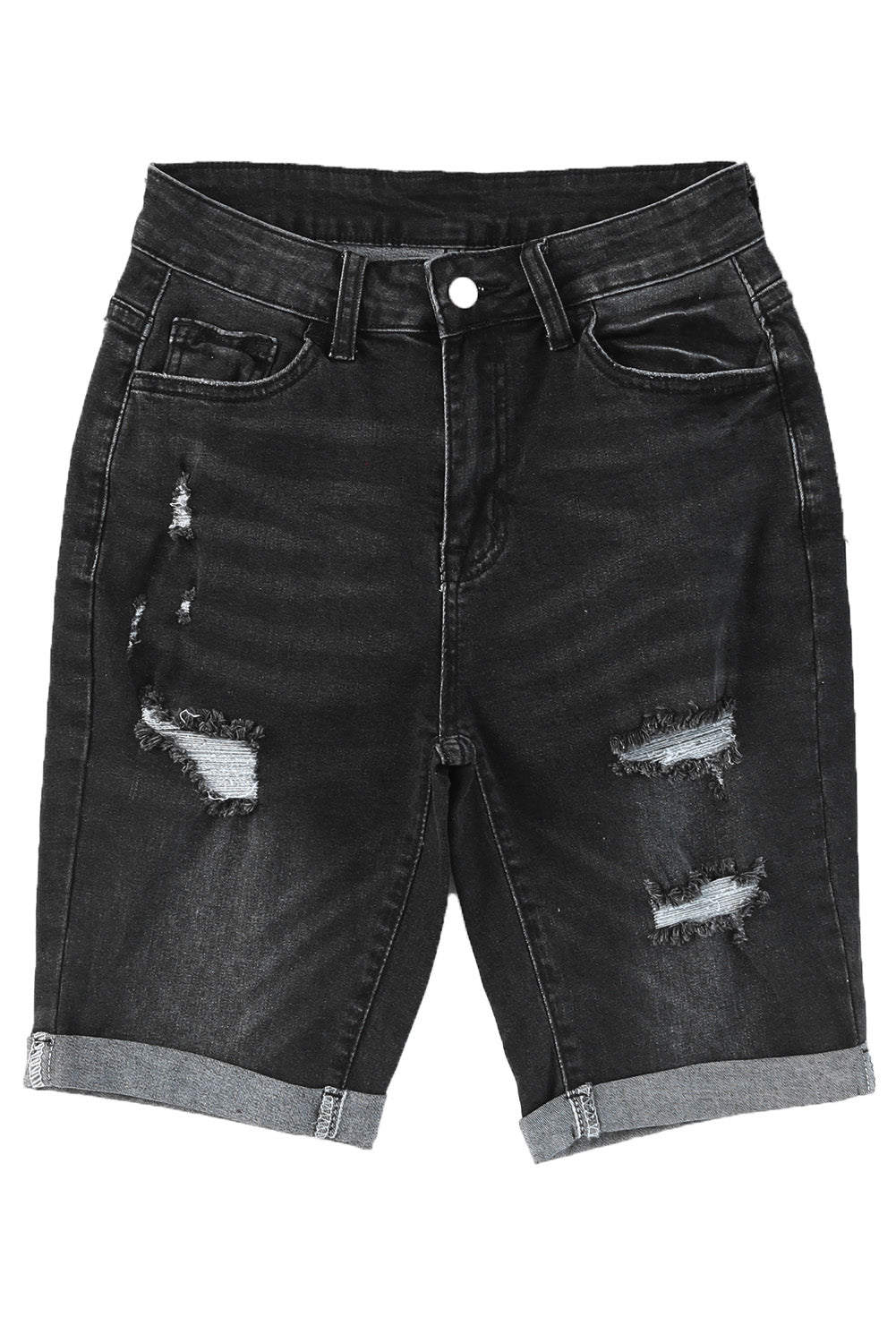 Black Roll-up Distressed Bermuda Denim Shorts