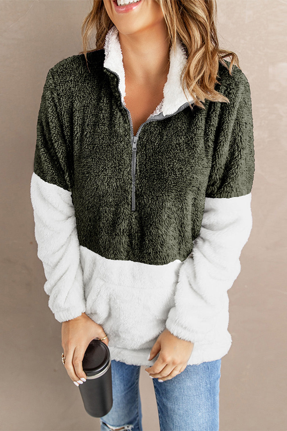 Charcoal White Zip Neck Oversize Fluffy Fleece Pullover